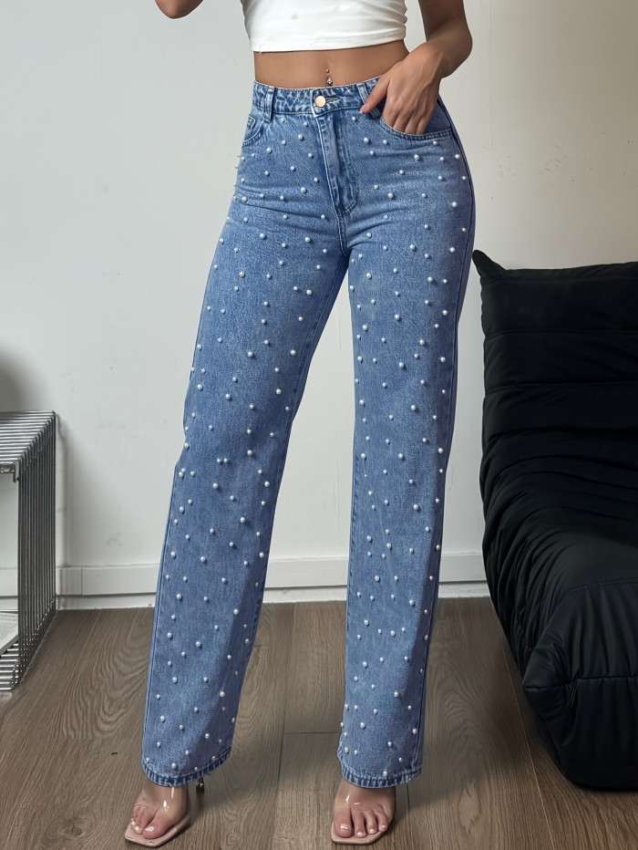Women's High-Waisted Straight Leg Denim Pants with Pearl Accents – Loose Fit, Pockets & Zipper Closure