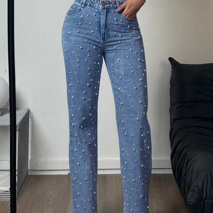 Women's High-Waisted Straight Leg Denim Pants with Pearl Accents – Loose Fit, Pockets & Zipper Closure