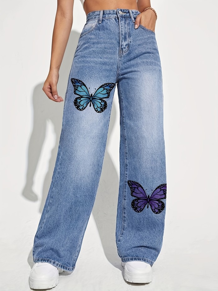 Women's High-Rise Loose-Fit Straight Leg Jeans with Black Bow Print – Washed Blue Denim