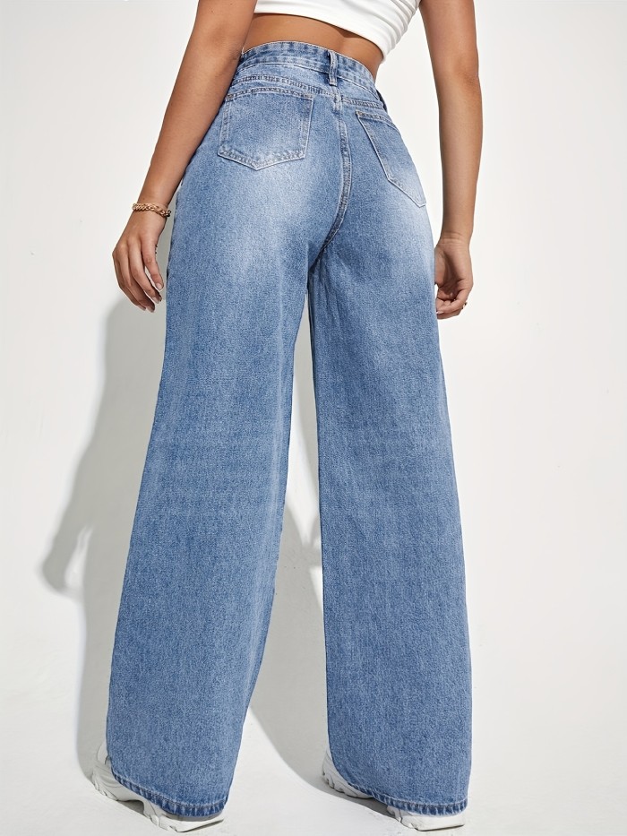 Women's High-Rise Loose-Fit Straight Leg Jeans with Black Bow Print – Washed Blue Denim