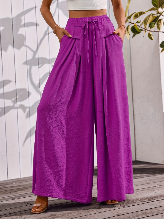 Women's Flowy Wide-Leg Pants with Pockets – Dressy Elastic Waist Lounge Trousers
