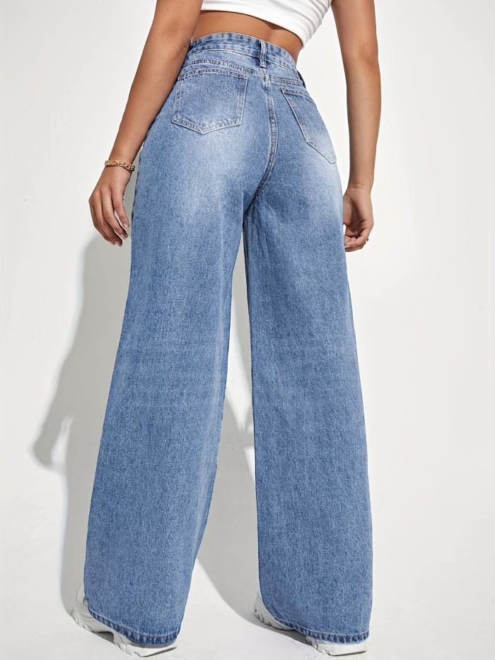 Women's High-Rise Loose-Fit Straight Leg Jeans with Black Bow Print – Washed Blue Denim