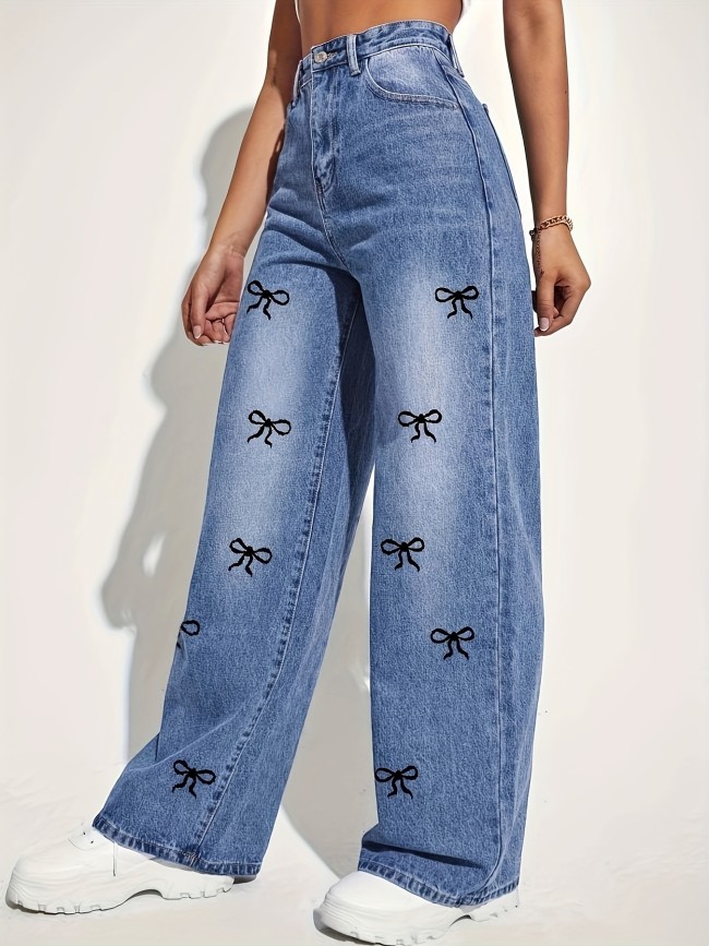 Women's High-Rise Loose-Fit Straight Leg Jeans with Black Bow Print – Washed Blue Denim