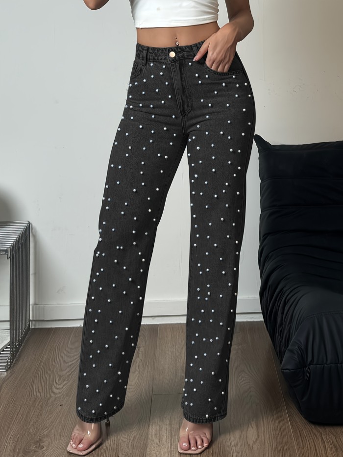 Women's High-Waisted Straight Leg Denim Pants with Pearl Accents – Loose Fit, Pockets & Zipper Closure