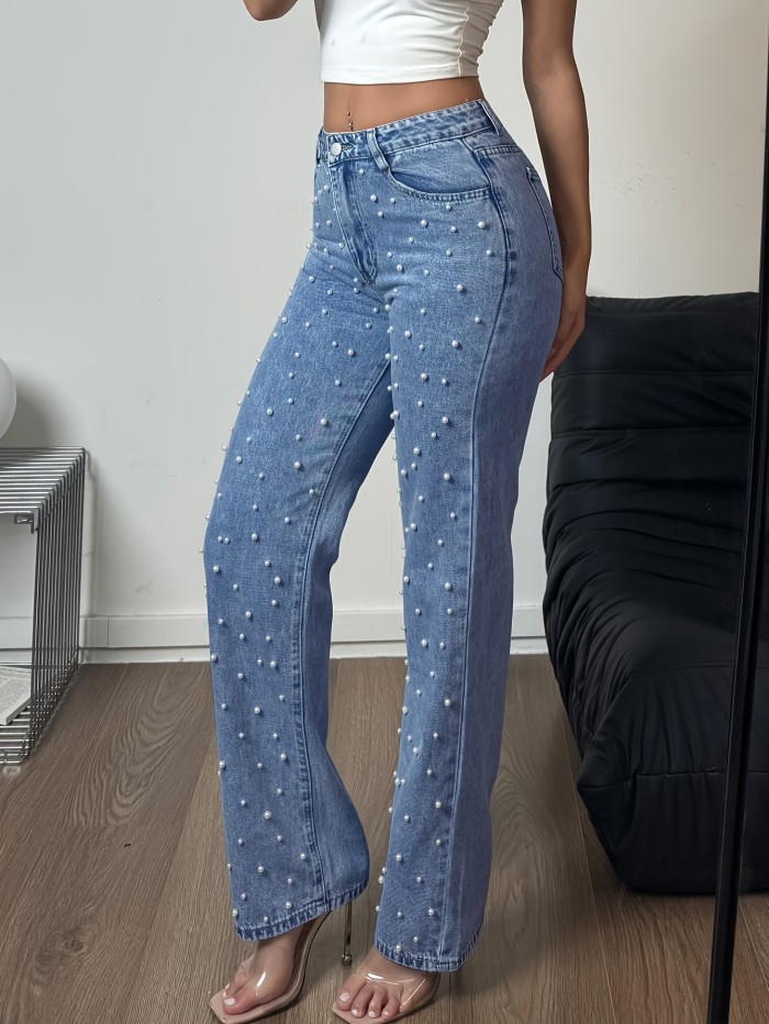 Women's High-Waisted Straight Leg Denim Pants with Pearl Accents – Loose Fit, Pockets & Zipper Closure