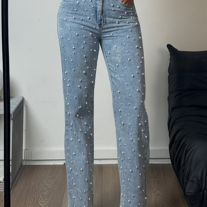 Women's High-Waisted Straight Leg Denim Pants with Pearl Accents – Loose Fit, Pockets & Zipper Closure