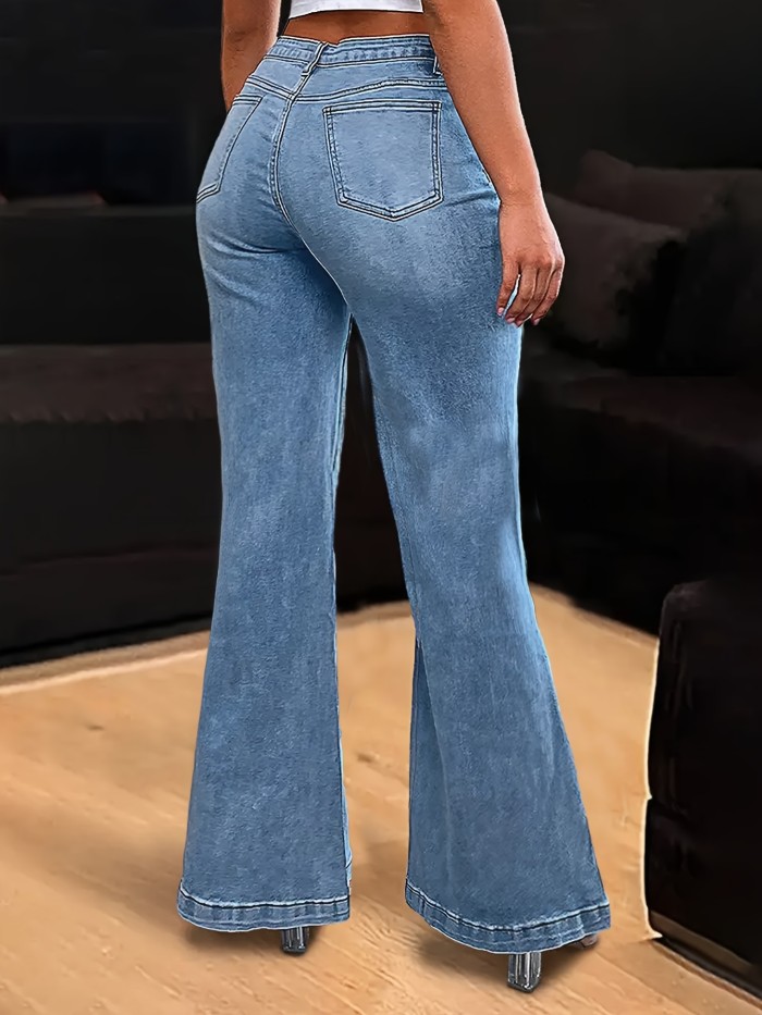 Women's Slim-Fit Mid-Rise Flared Jeans – Elegant Button Detail, High-Stretch Denim, All-Season Casual Pants