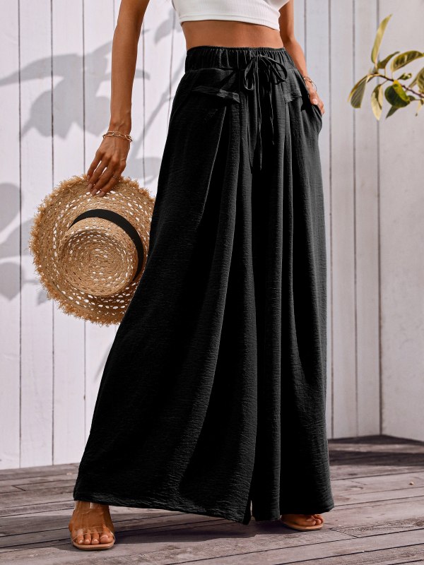 Women's Flowy Wide-Leg Pants with Pockets – Dressy Elastic Waist Lounge Trousers