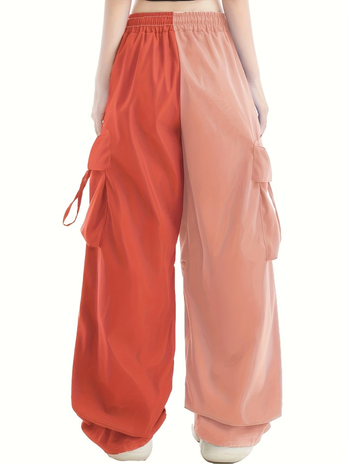 Y2K Color Block Wide Leg Cargo Pants with Drawstring and Flap Pockets