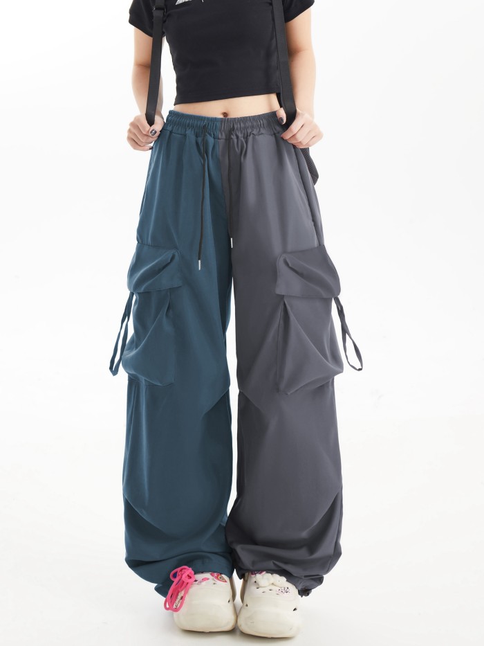 Y2K Color Block Wide Leg Cargo Pants with Drawstring and Flap Pockets