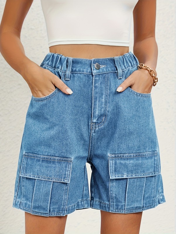 Women's High-Waisted Denim Work Shorts – 6 Pockets, Elastic Waist, Versatile Office & Casual Wear