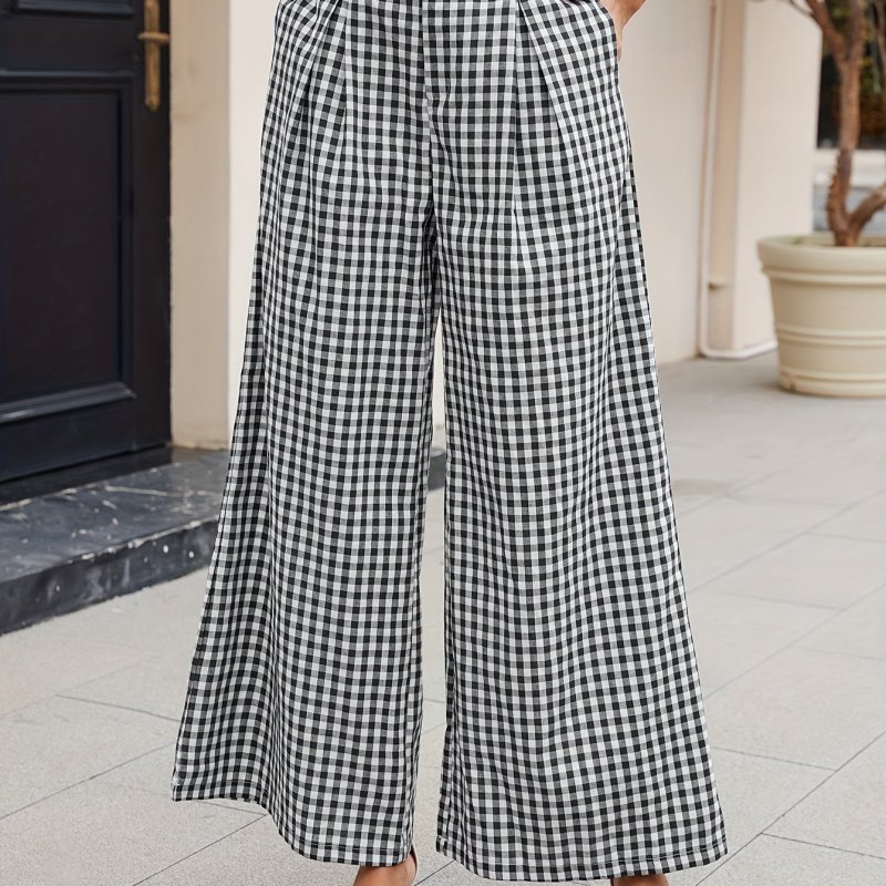 Women's High-Waisted Houndstooth Wide-Leg Pants – Casual Preppy Style with Pockets