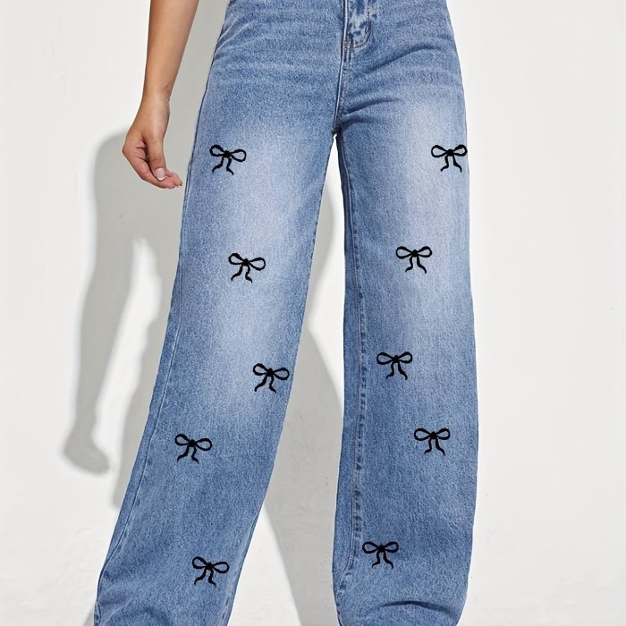 Women's High-Rise Loose-Fit Straight Leg Jeans with Black Bow Print – Washed Blue Denim