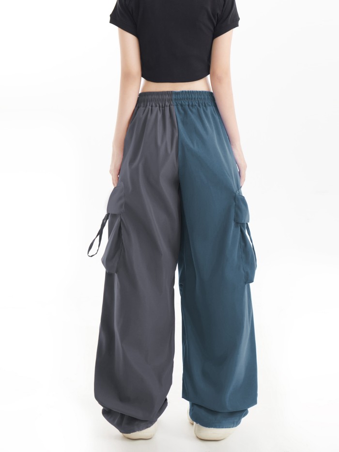 Y2K Color Block Wide Leg Cargo Pants with Drawstring and Flap Pockets
