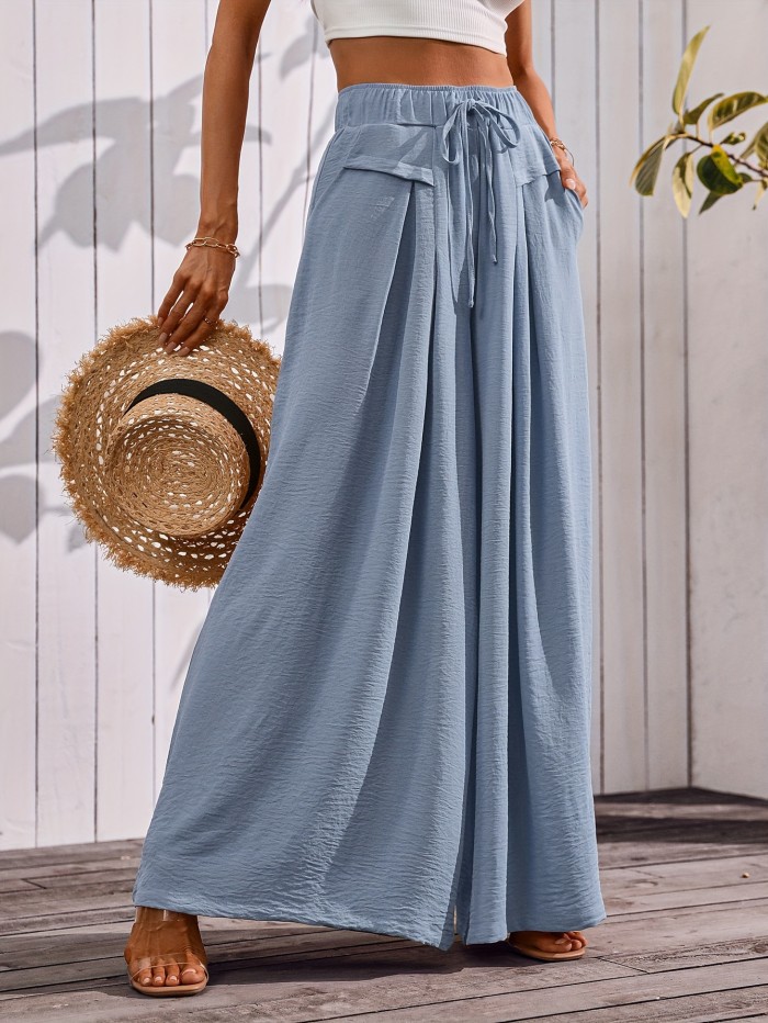 Women's Flowy Wide-Leg Pants with Pockets – Dressy Elastic Waist Lounge Trousers
