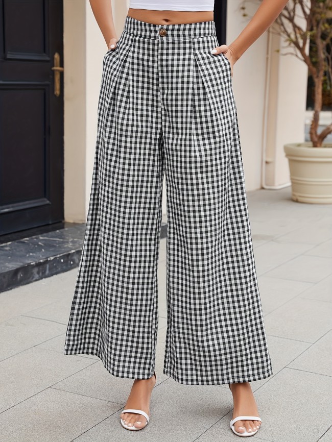 Women's High-Waisted Houndstooth Wide-Leg Pants – Casual Preppy Style with Pockets