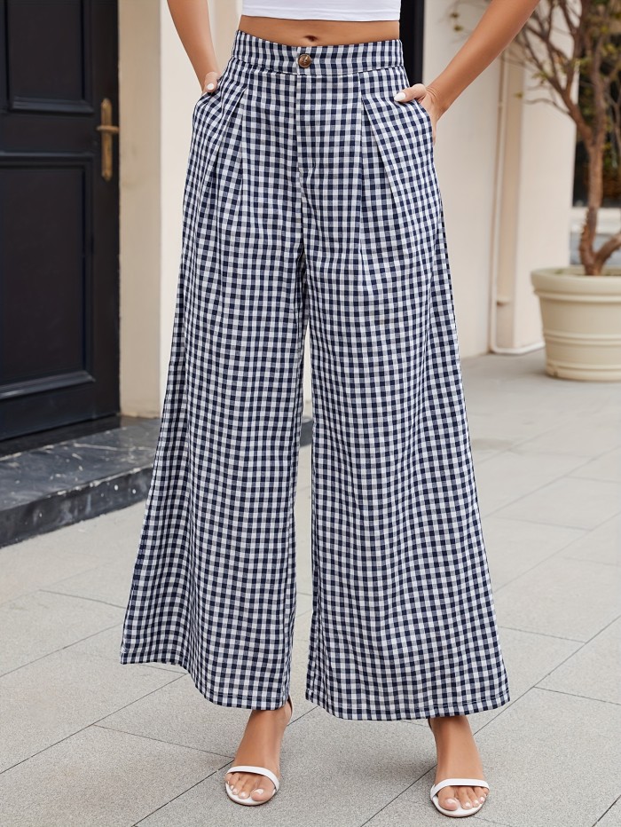 Women's High-Waisted Houndstooth Wide-Leg Pants – Casual Preppy Style with Pockets