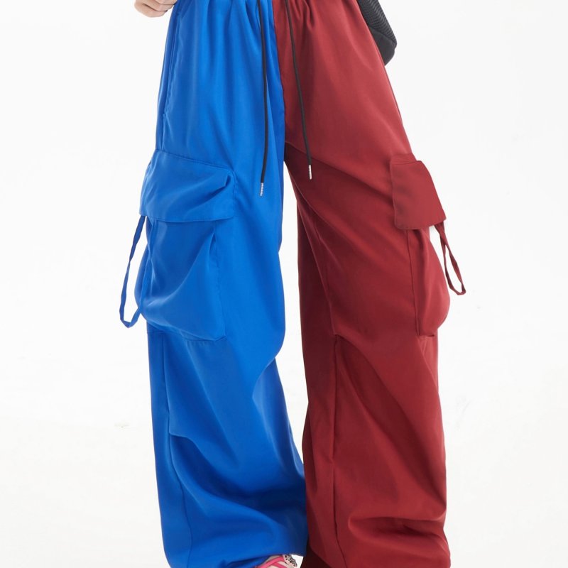 Y2K Color Block Wide Leg Cargo Pants with Drawstring and Flap Pockets