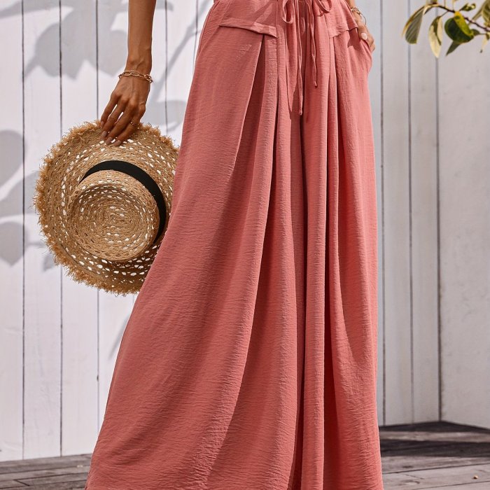 Women's Flowy Wide-Leg Pants with Pockets – Dressy Elastic Waist Lounge Trousers