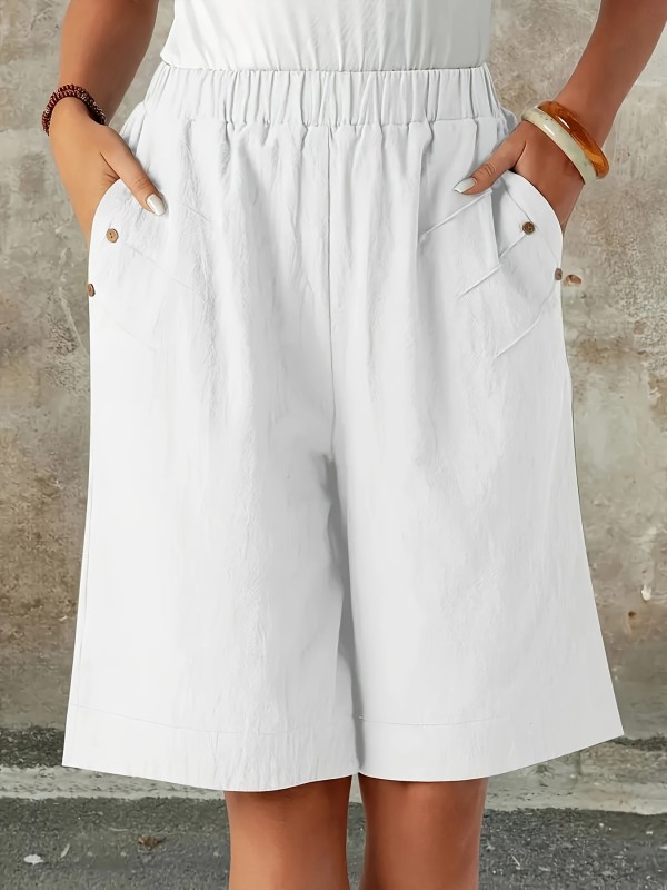 Women's Elegant Elastic Waist Shorts – Navy Blue with Button Detail & Slant Pockets