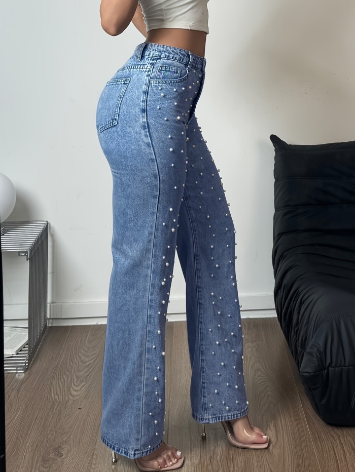 Women's High-Waisted Straight Leg Denim Pants with Pearl Accents – Loose Fit, Pockets & Zipper Closure