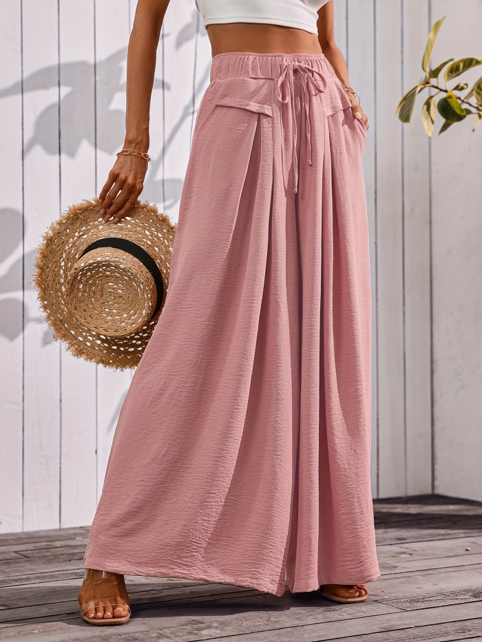 Women's Flowy Wide-Leg Pants with Pockets – Dressy Elastic Waist Lounge Trousers