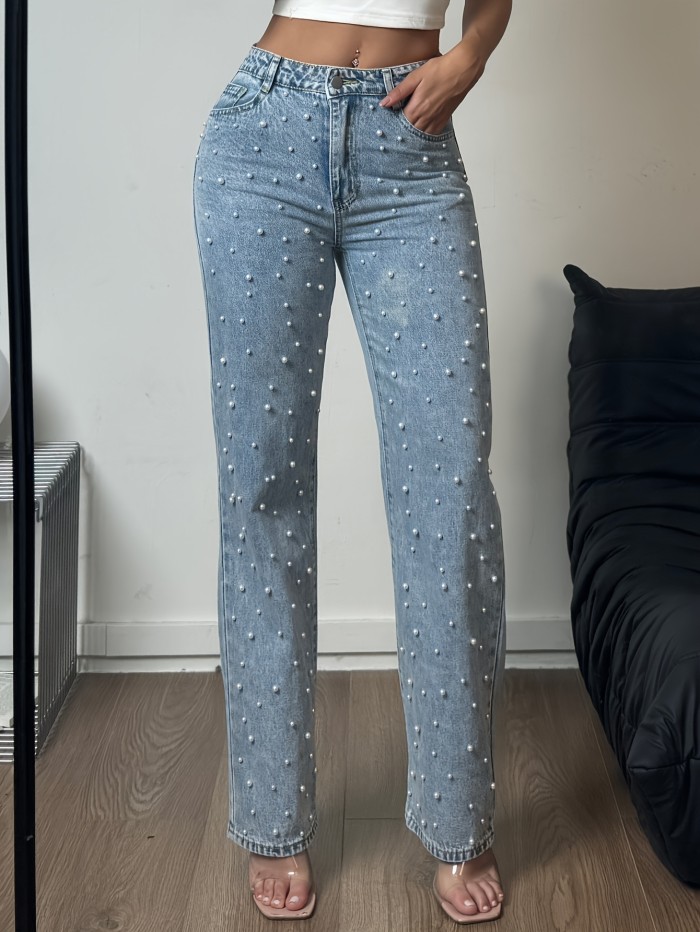 Women's High-Waisted Straight Leg Denim Pants with Pearl Accents – Loose Fit, Pockets & Zipper Closure