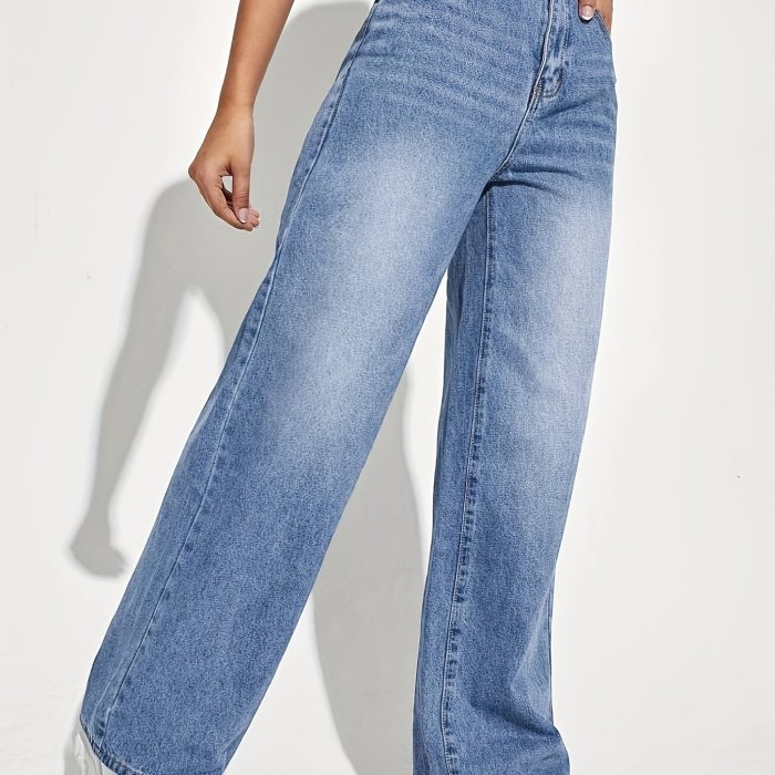 Women's High-Rise Loose-Fit Straight Leg Jeans with Black Bow Print – Washed Blue Denim