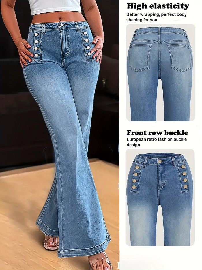 Women's Slim-Fit Mid-Rise Flared Jeans – Elegant Button Detail, High-Stretch Denim, All-Season Casual Pants