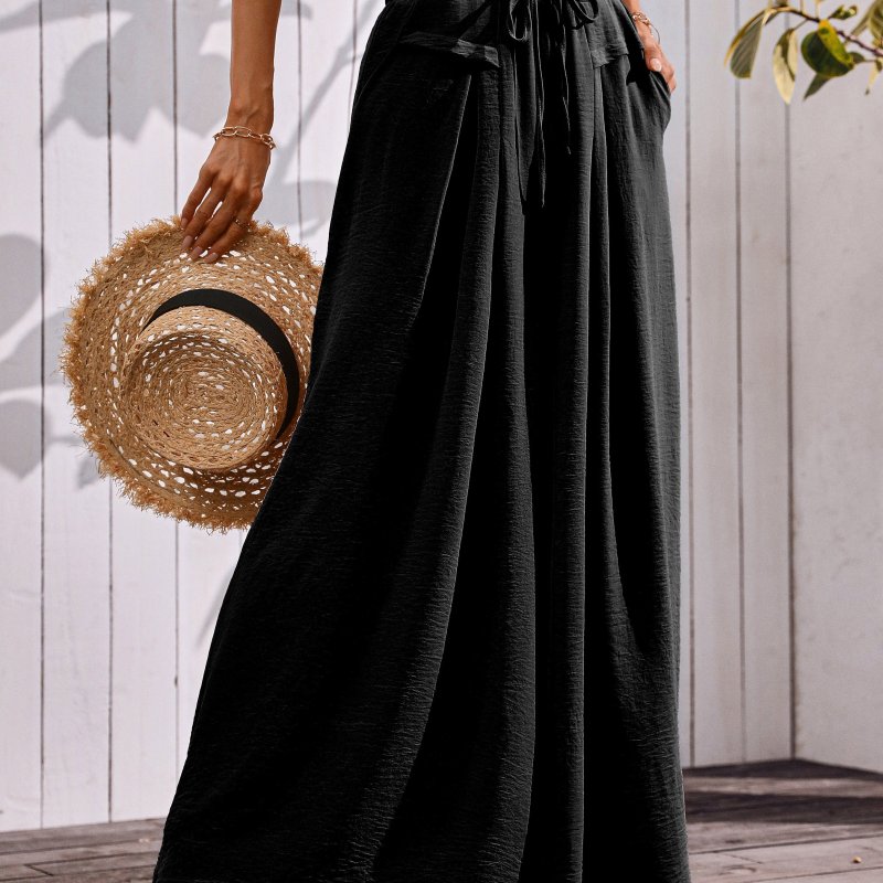 Women's Flowy Wide-Leg Pants with Pockets – Dressy Elastic Waist Lounge Trousers