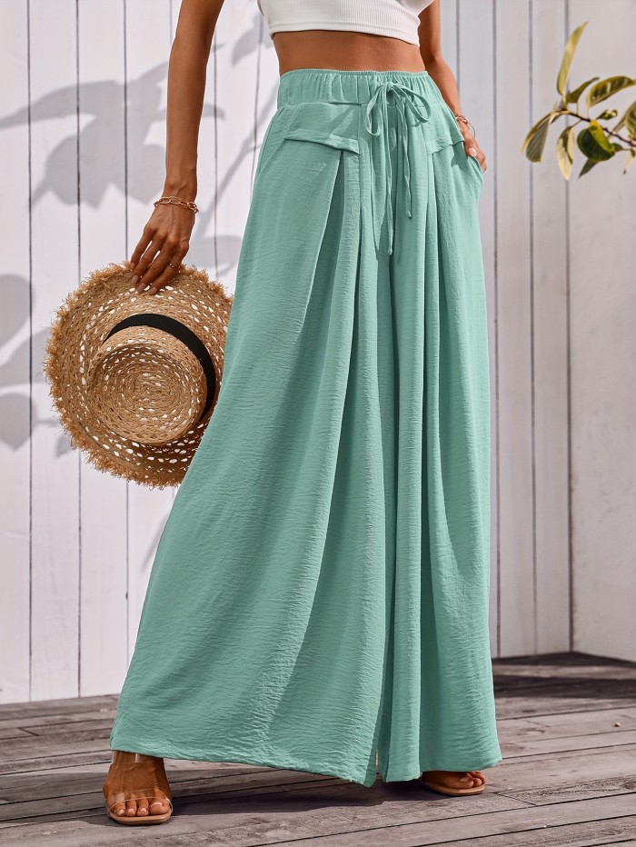 Women's Flowy Wide-Leg Pants with Pockets – Dressy Elastic Waist Lounge Trousers