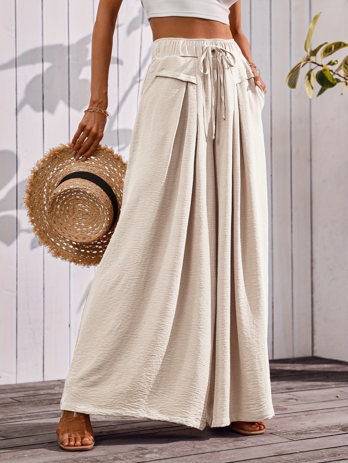Women's Flowy Wide-Leg Pants with Pockets – Dressy Elastic Waist Lounge Trousers