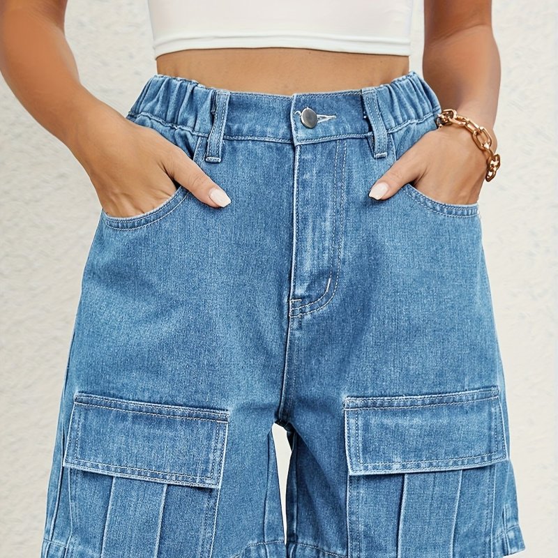 Women's High-Waisted Denim Work Shorts – 6 Pockets, Elastic Waist, Versatile Office & Casual Wear