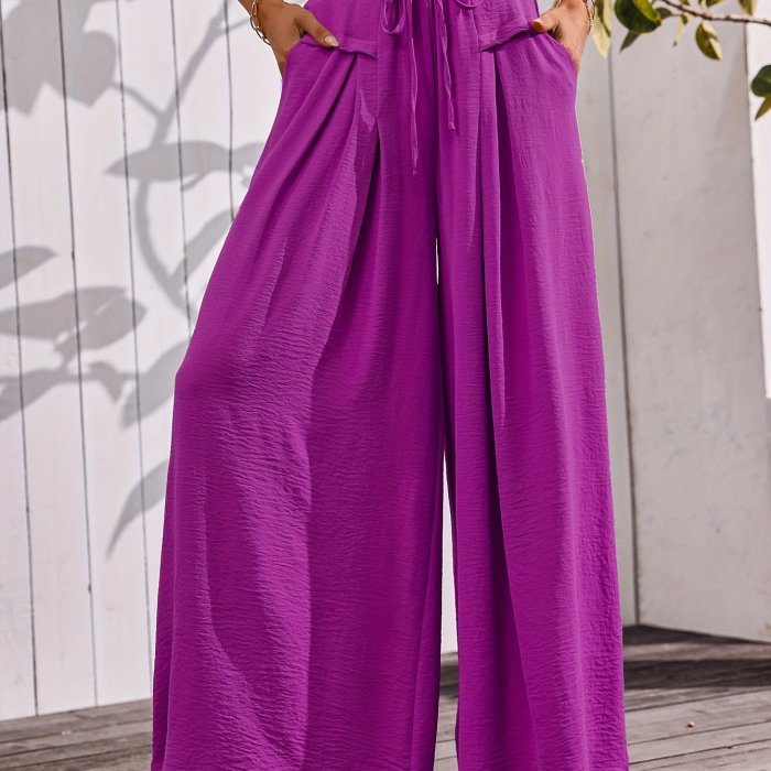 Women's Flowy Wide-Leg Pants with Pockets – Dressy Elastic Waist Lounge Trousers