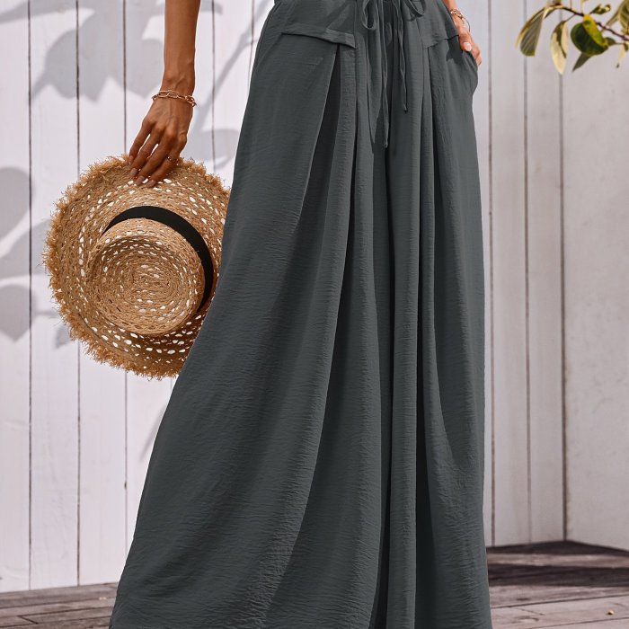 Women's Flowy Wide-Leg Pants with Pockets – Dressy Elastic Waist Lounge Trousers