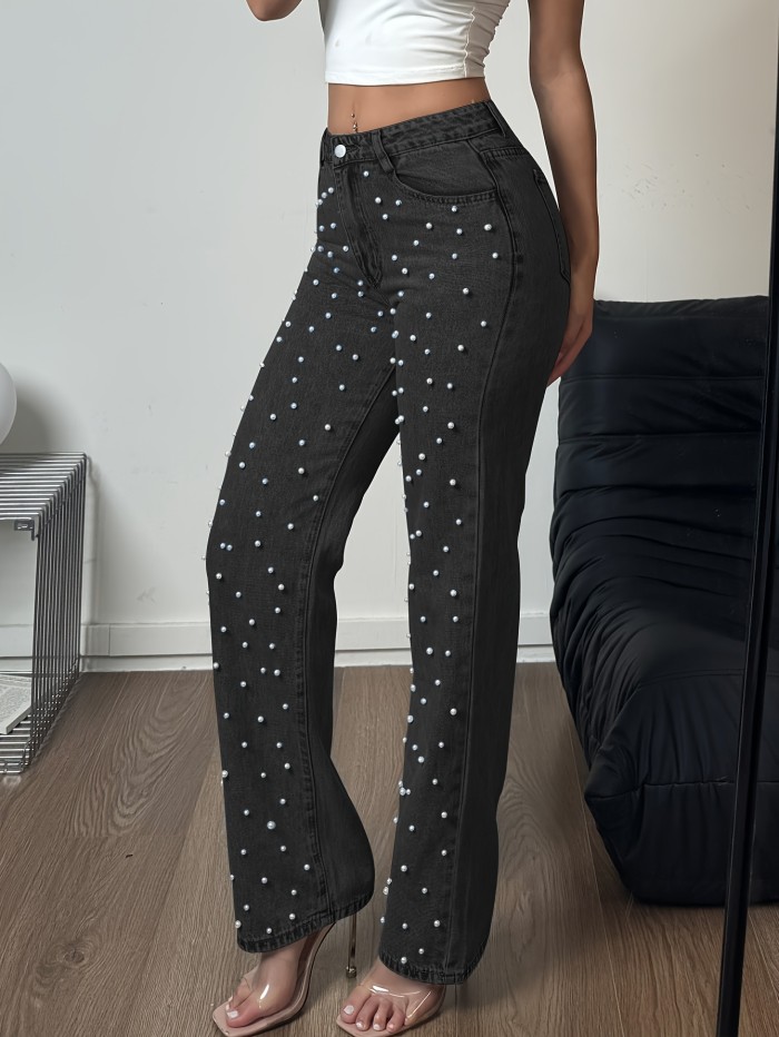 Women's High-Waisted Straight Leg Denim Pants with Pearl Accents – Loose Fit, Pockets & Zipper Closure