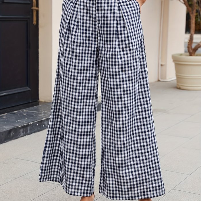Women's High-Waisted Houndstooth Wide-Leg Pants – Casual Preppy Style with Pockets