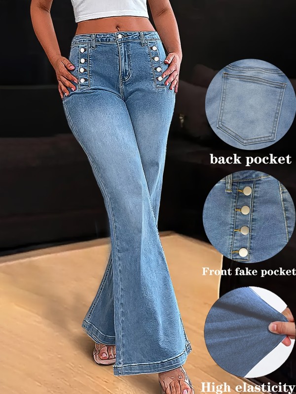 Women's Slim-Fit Mid-Rise Flared Jeans – Elegant Button Detail, High-Stretch Denim, All-Season Casual Pants