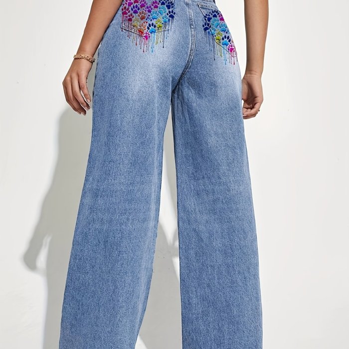 Women's High-Rise Loose-Fit Straight Leg Jeans with Black Bow Print – Washed Blue Denim