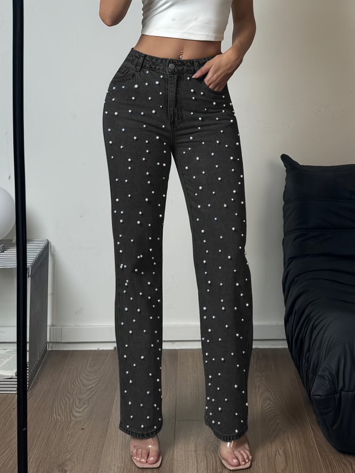 Women's High-Waisted Straight Leg Denim Pants with Pearl Accents – Loose Fit, Pockets & Zipper Closure
