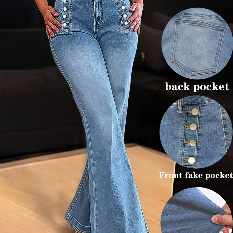 Women's Slim-Fit Mid-Rise Flared Jeans – Elegant Button Detail, High-Stretch Denim, All-Season Casual Pants