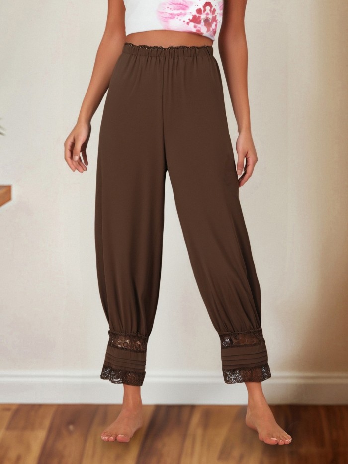 Women's Cropped Harem Pajama Pants with Lace Trim