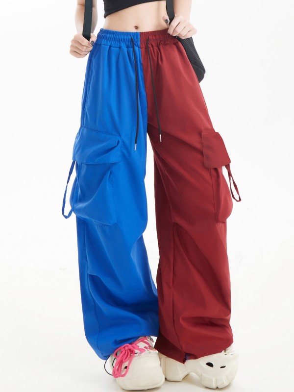 Y2K Color Block Wide Leg Cargo Pants with Drawstring and Flap Pockets