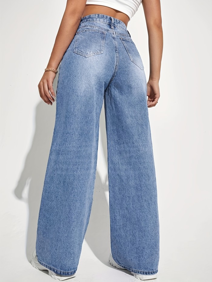 Women's High-Rise Loose-Fit Straight Leg Jeans with Black Bow Print – Washed Blue Denim