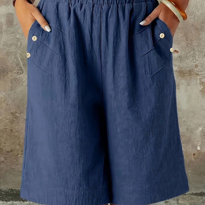 Women's Elegant Elastic Waist Shorts – Navy Blue with Button Detail & Slant Pockets