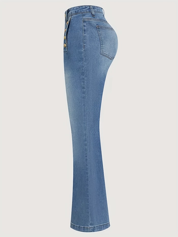 Women's Slim-Fit Mid-Rise Flared Jeans – Elegant Button Detail, High-Stretch Denim, All-Season Casual Pants