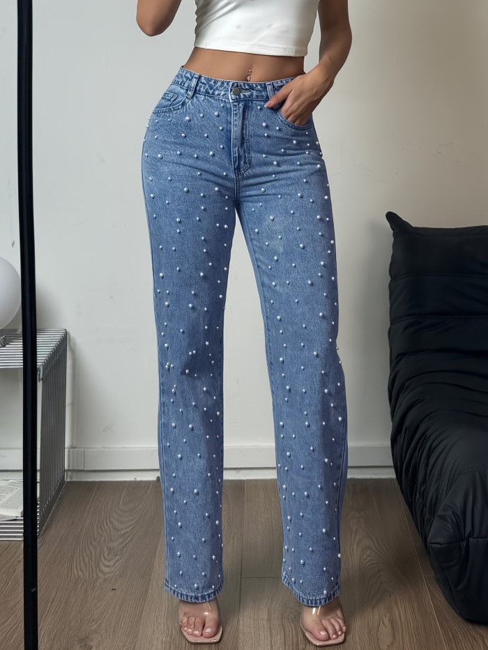 Women's High-Waisted Straight Leg Denim Pants with Pearl Accents – Loose Fit, Pockets & Zipper Closure