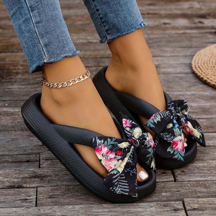 Women's Floral Bowknot Platform Flip Flops - Non-Slip EVA Soft Sole Slip-On Slides for Beach