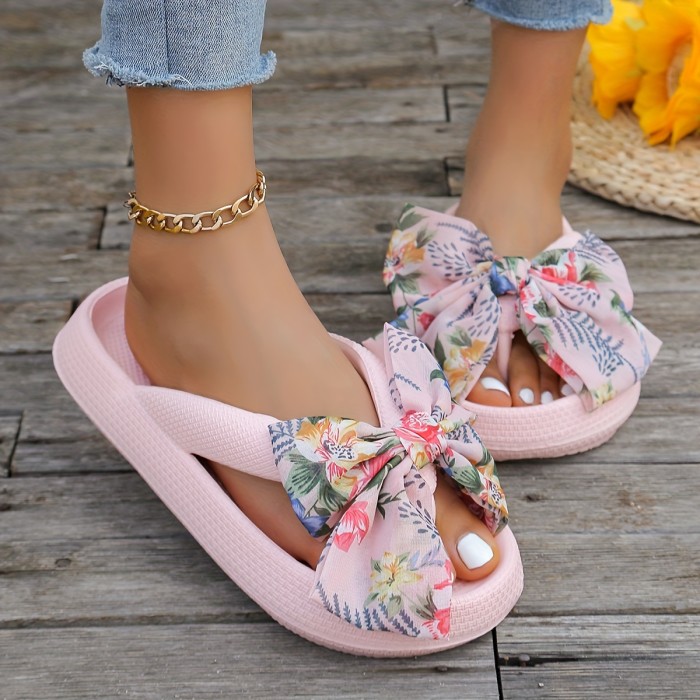 Women's Floral Bowknot Platform Flip Flops - Non-Slip EVA Soft Sole Slip-On Slides for Beach