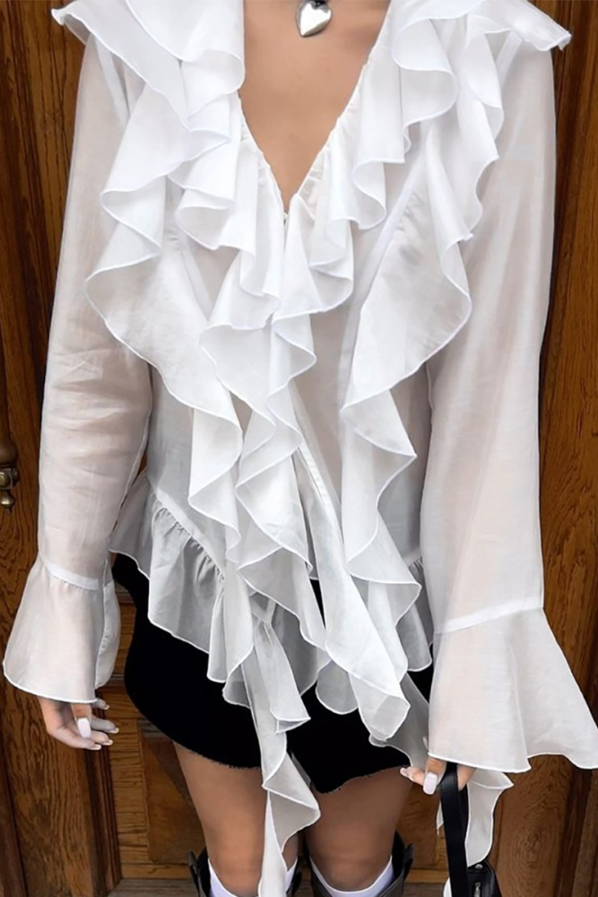 Elegant See-Through Ruffle Lotus Leaf Collar Blouses